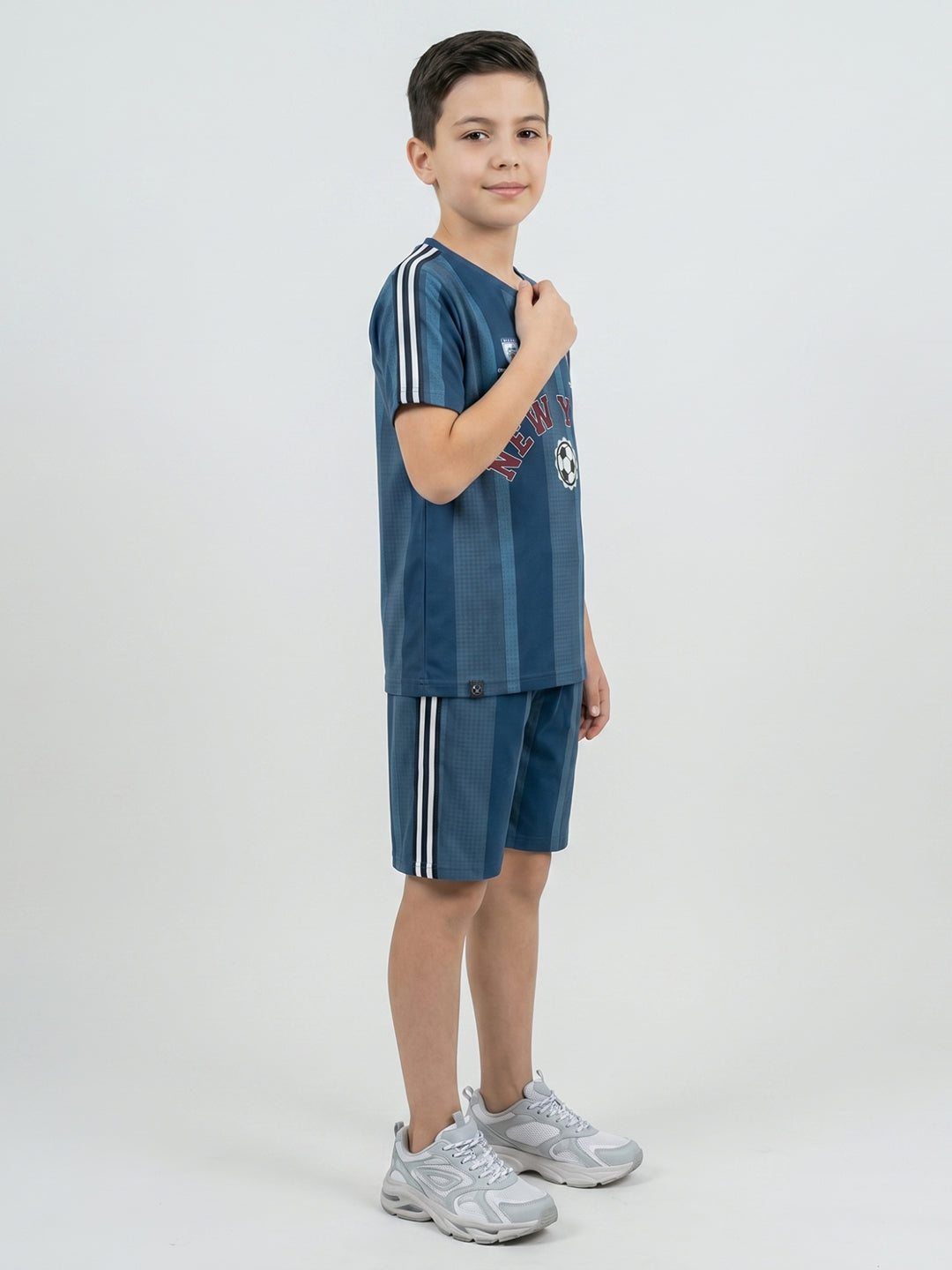 Boys Navy Blue Printed Round Neck Half Sleeve Cords Set