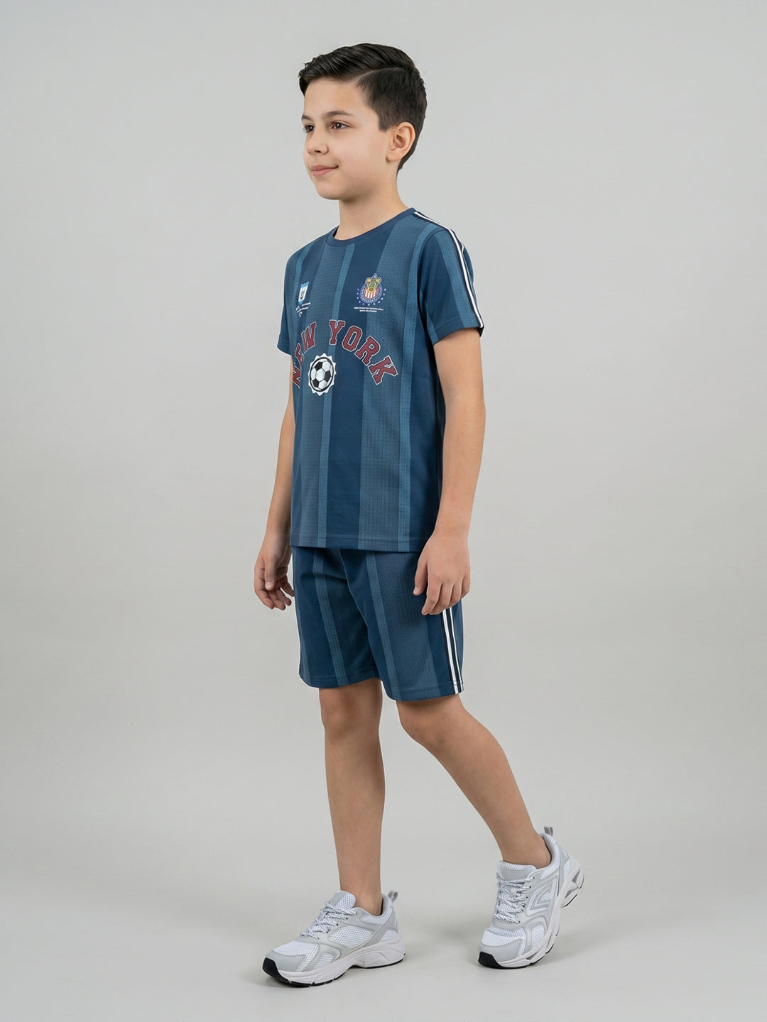 Boys Navy Blue Printed Round Neck Half Sleeve Cords Set