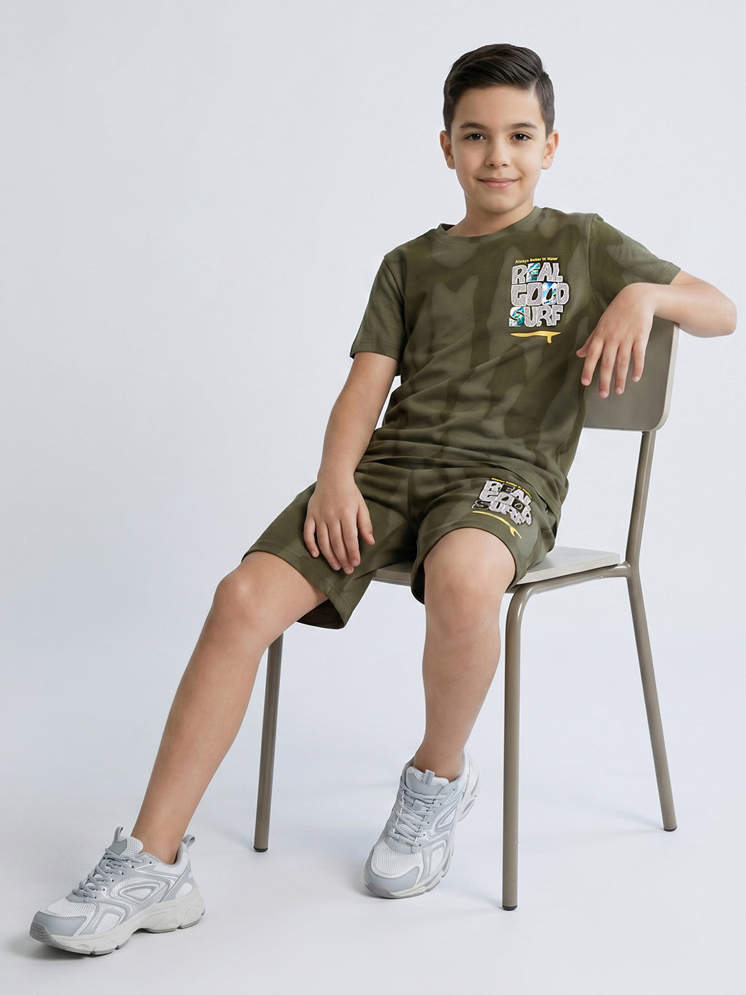 Boys Olive Printed Round Neck Half Sleeve Cords Set