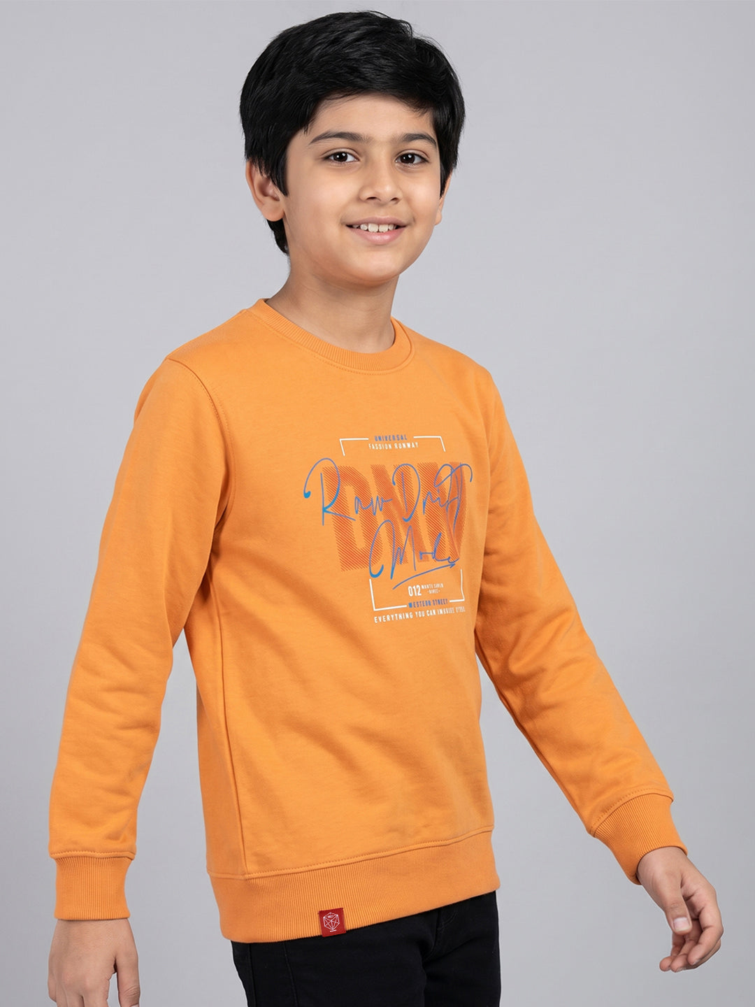 Boys Orange Printed Round Neck Full Sleeve Sweatshirt