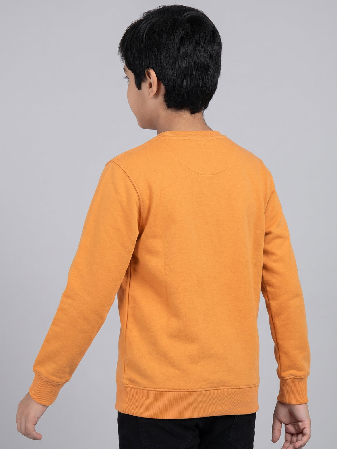 Boys Orange Printed Round Neck Full Sleeve Sweatshirt