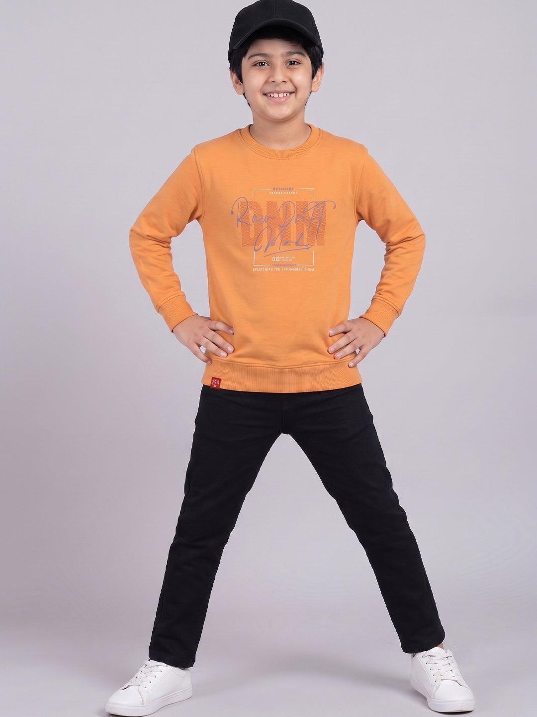 Boys Orange Printed Round Neck Full Sleeve Sweatshirt