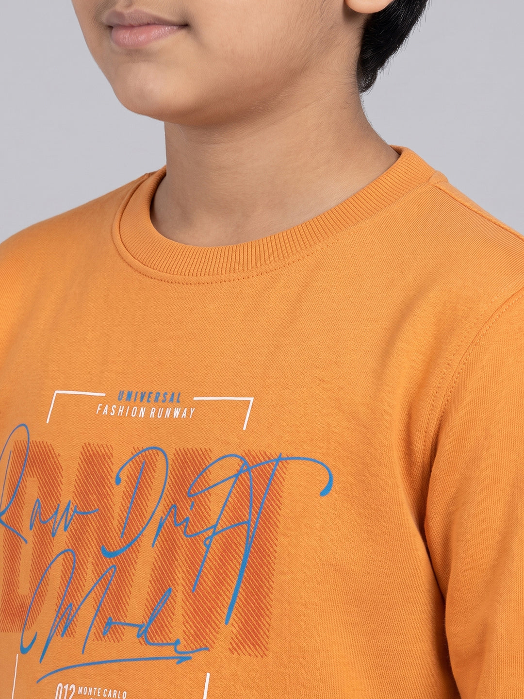 Boys Orange Printed Round Neck Full Sleeve Sweatshirt