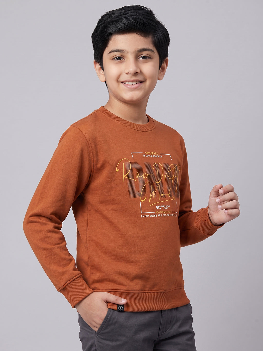 Boys Rust Printed Round Neck Full Sleeve Sweatshirt