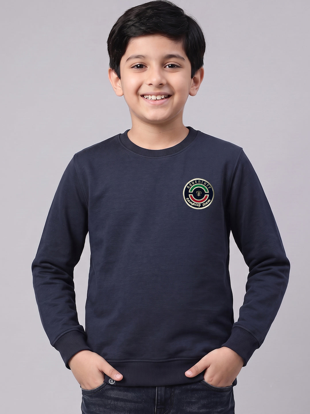 Boys Navy Blue Solid Round Neck Full Sleeve Sweatshirt