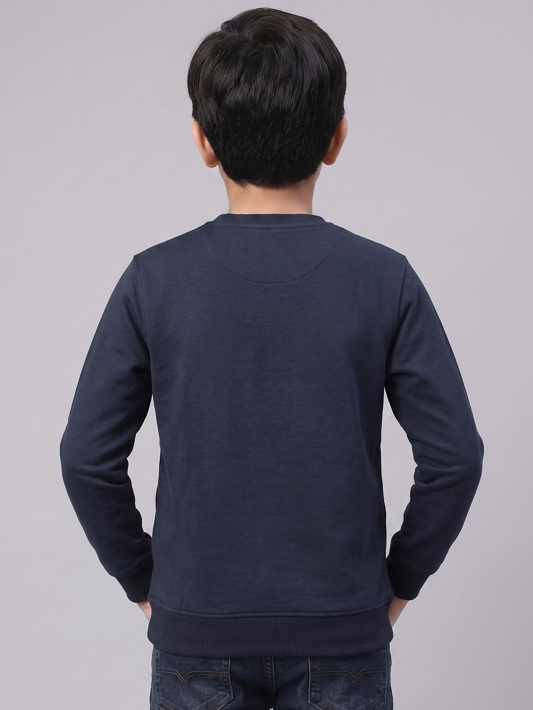 Boys Navy Blue Solid Round Neck Full Sleeve Sweatshirt