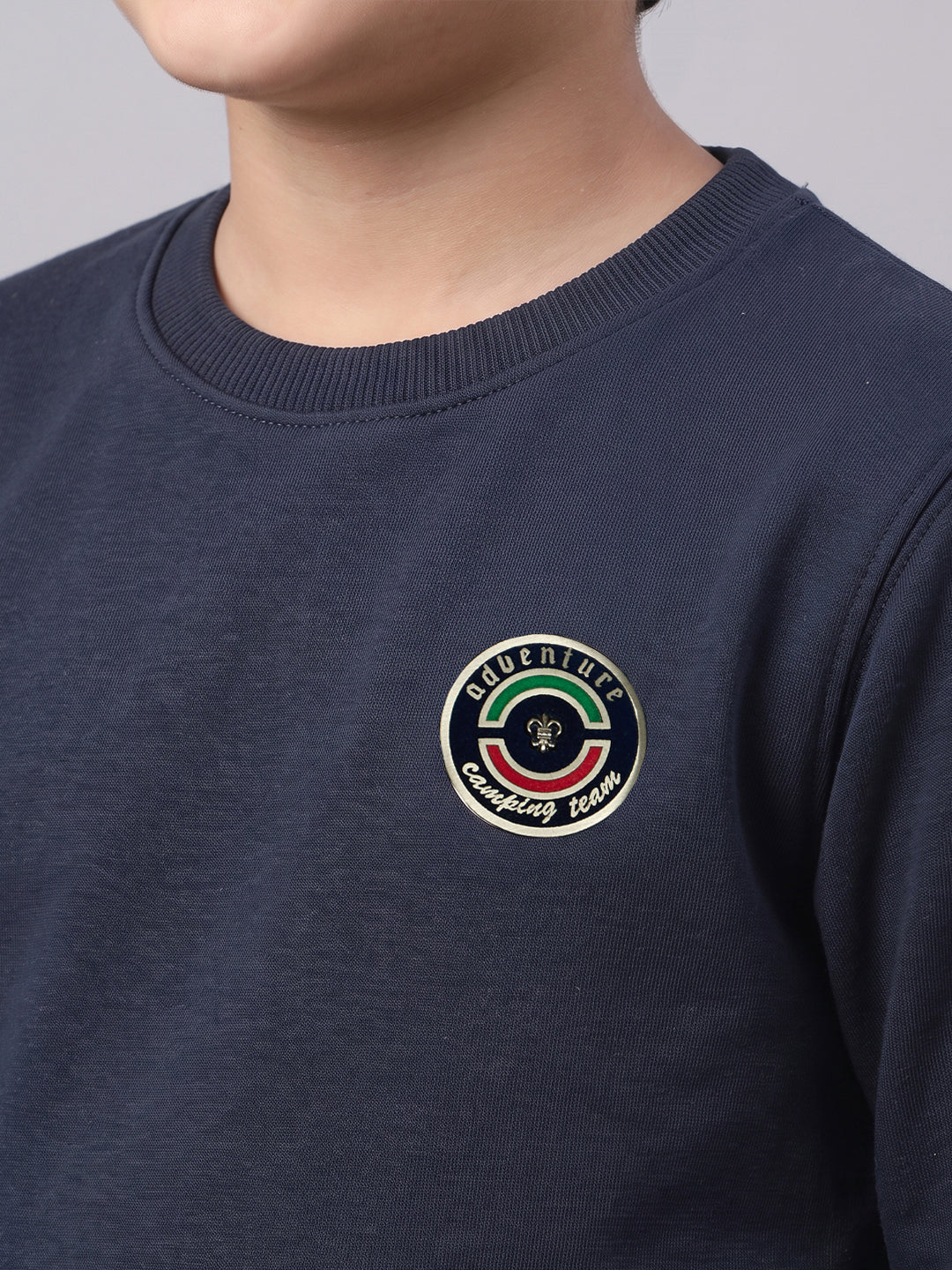 Boys Navy Blue Solid Round Neck Full Sleeve Sweatshirt