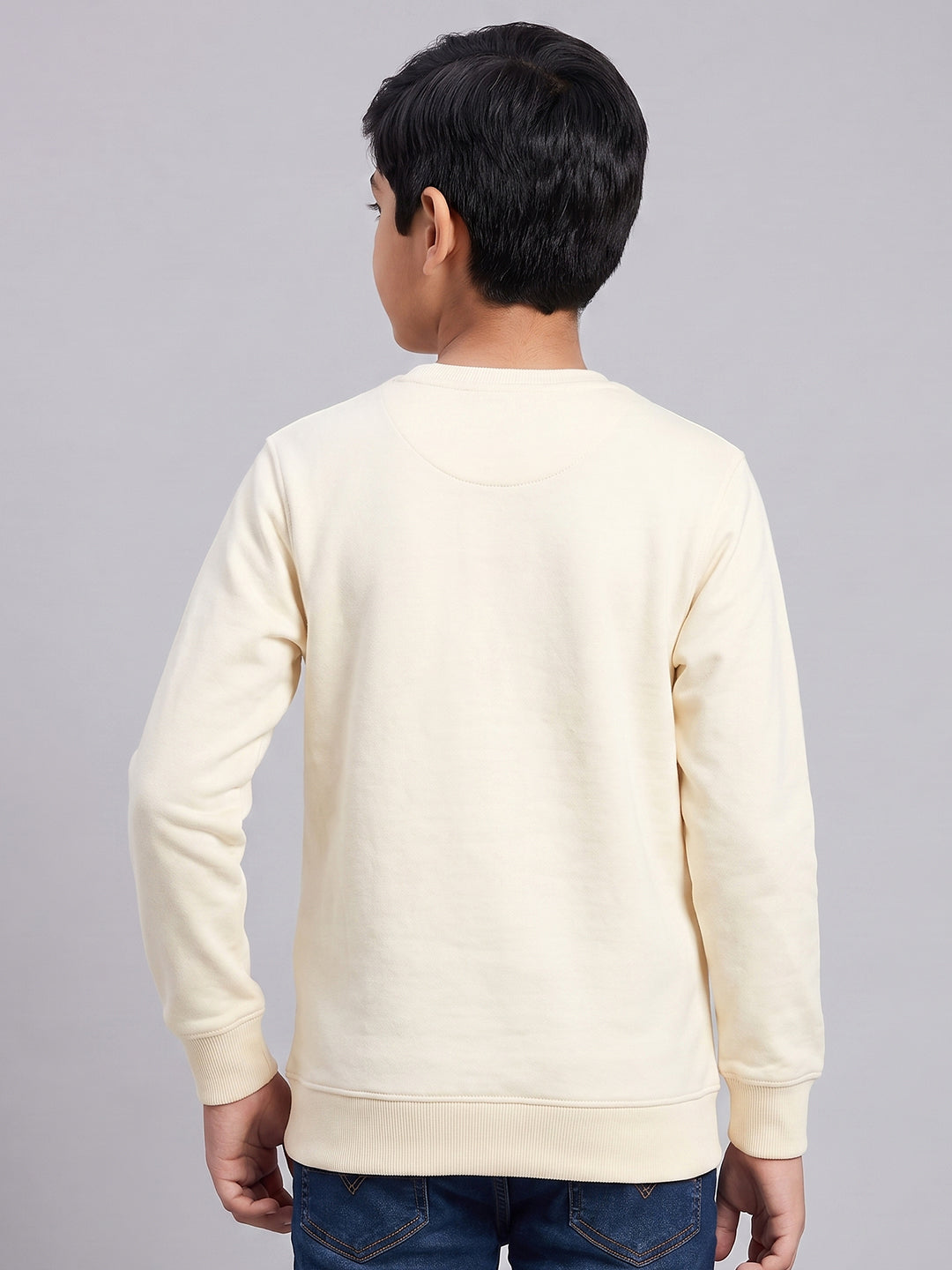 Boys Cream Solid Round Neck Full Sleeve Sweatshirt