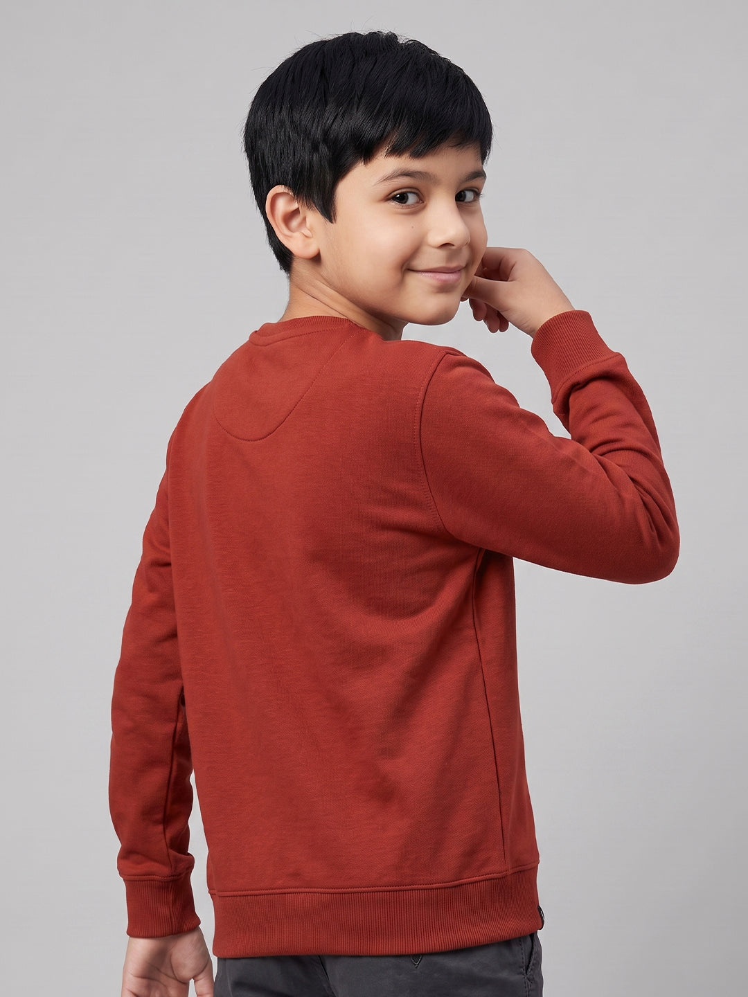 Boys Maroon Printed Round Neck Full Sleeve Sweatshirt