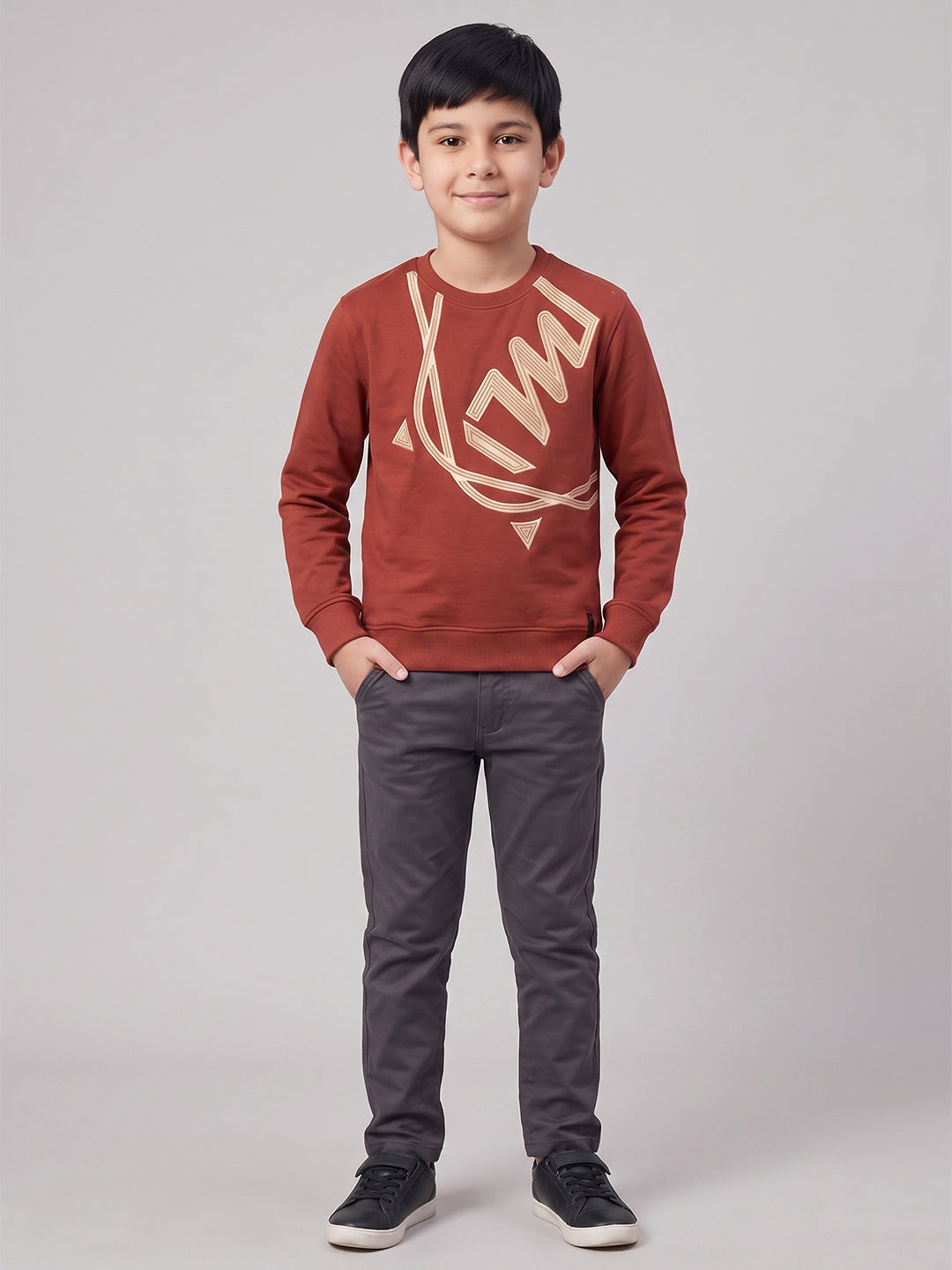 Boys Maroon Printed Round Neck Full Sleeve Sweatshirt