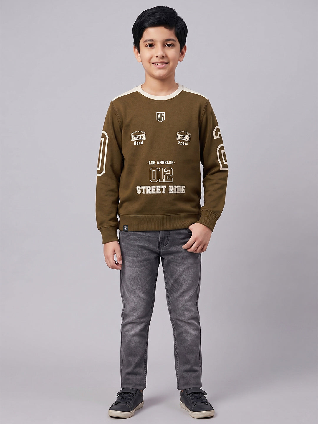 Boys Brown Printed Round Neck Full Sleeve Sweatshirt