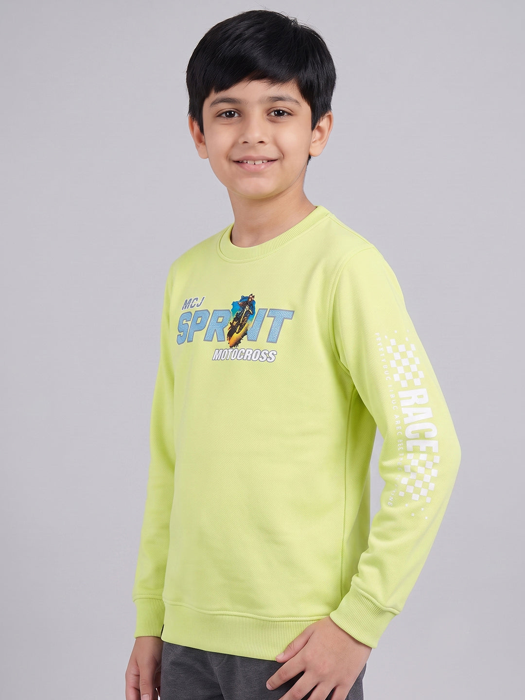 Boys Fluorescent Green Back Printed Round Neck Full Sleeve Sweatshirt