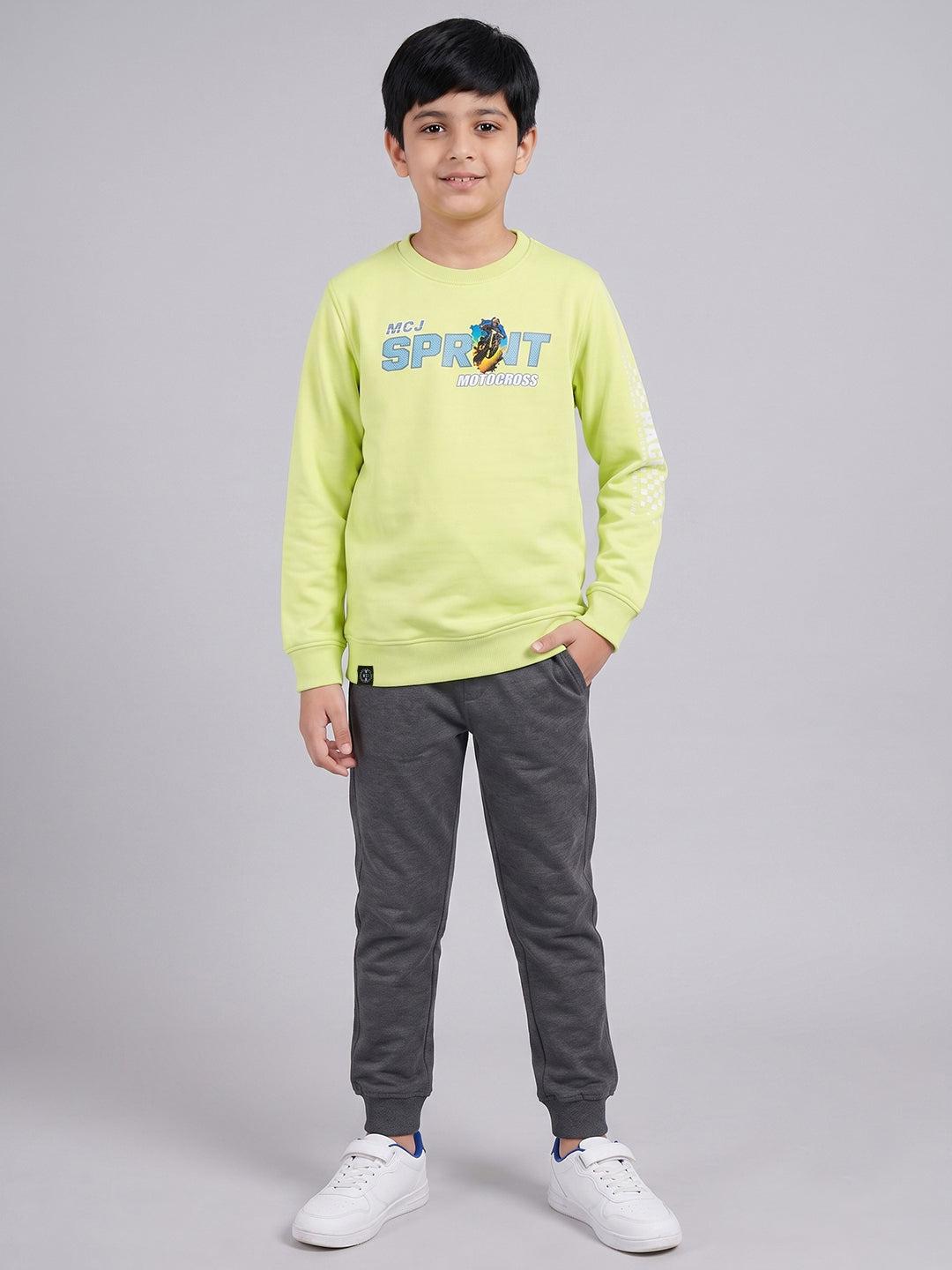 Boys Fluorescent Green Back Printed Round Neck Full Sleeve Sweatshirt