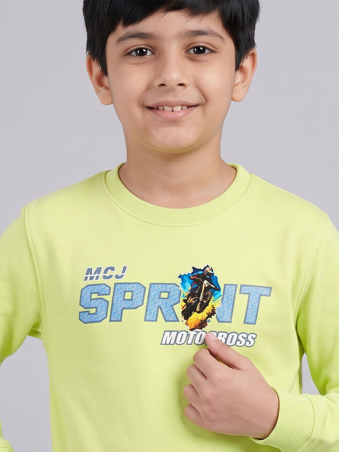 Boys Fluorescent Green Back Printed Round Neck Full Sleeve Sweatshirt