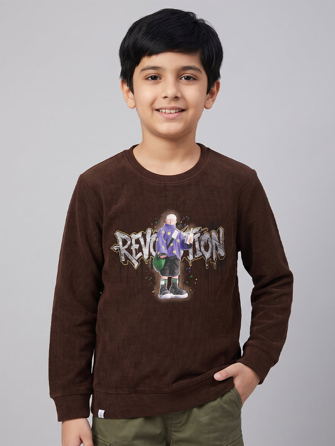 Boys Brown Self Design Round Neck Full Sleeve Sweatshirt
