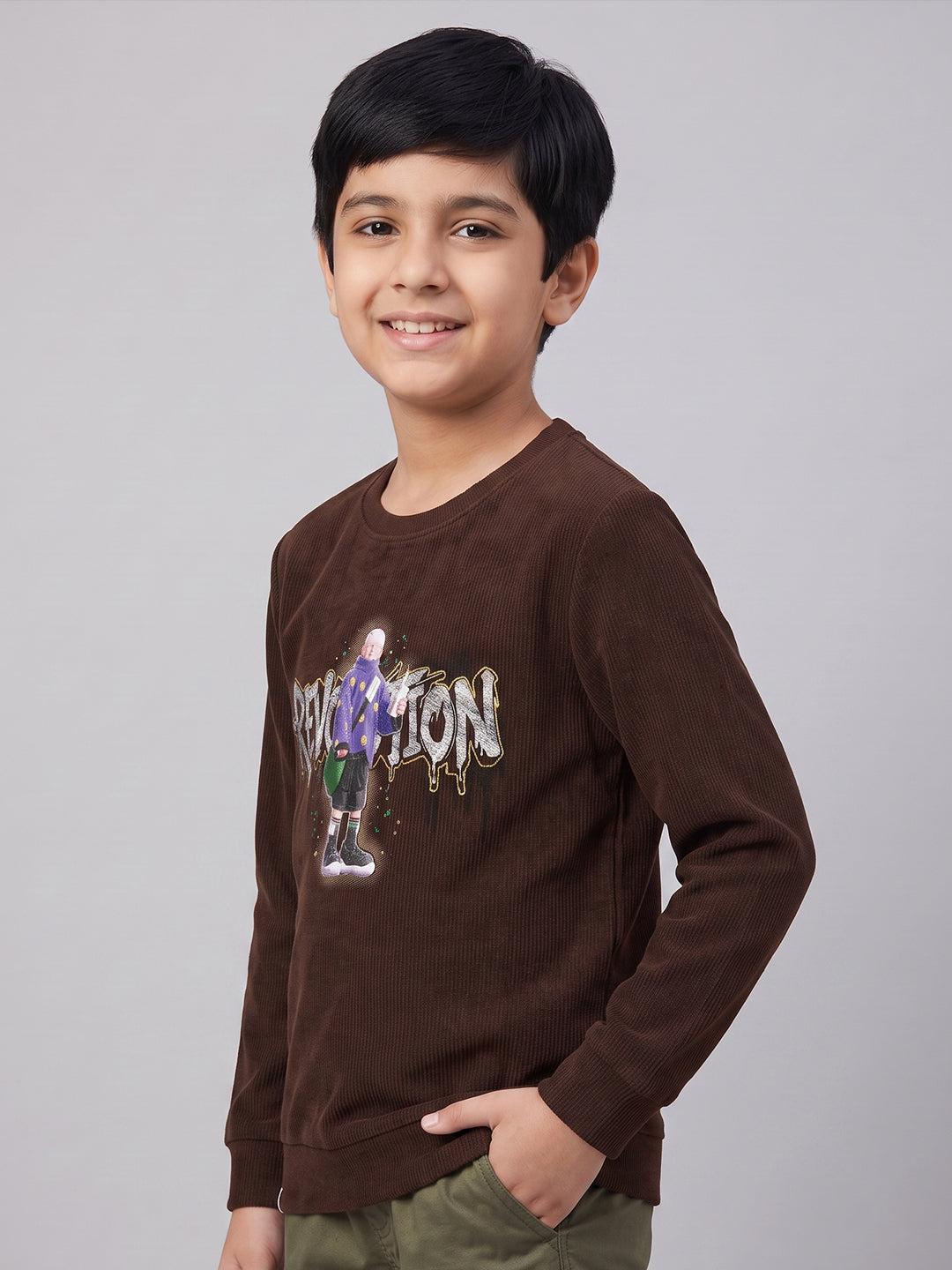 Boys Brown Self Design Round Neck Full Sleeve Sweatshirt
