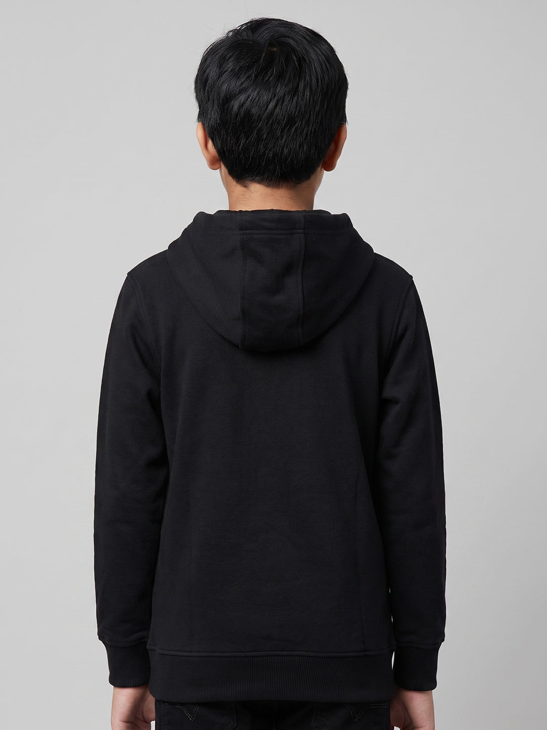 Boys Black Printed Hooded Full Sleeve Sweatshirt