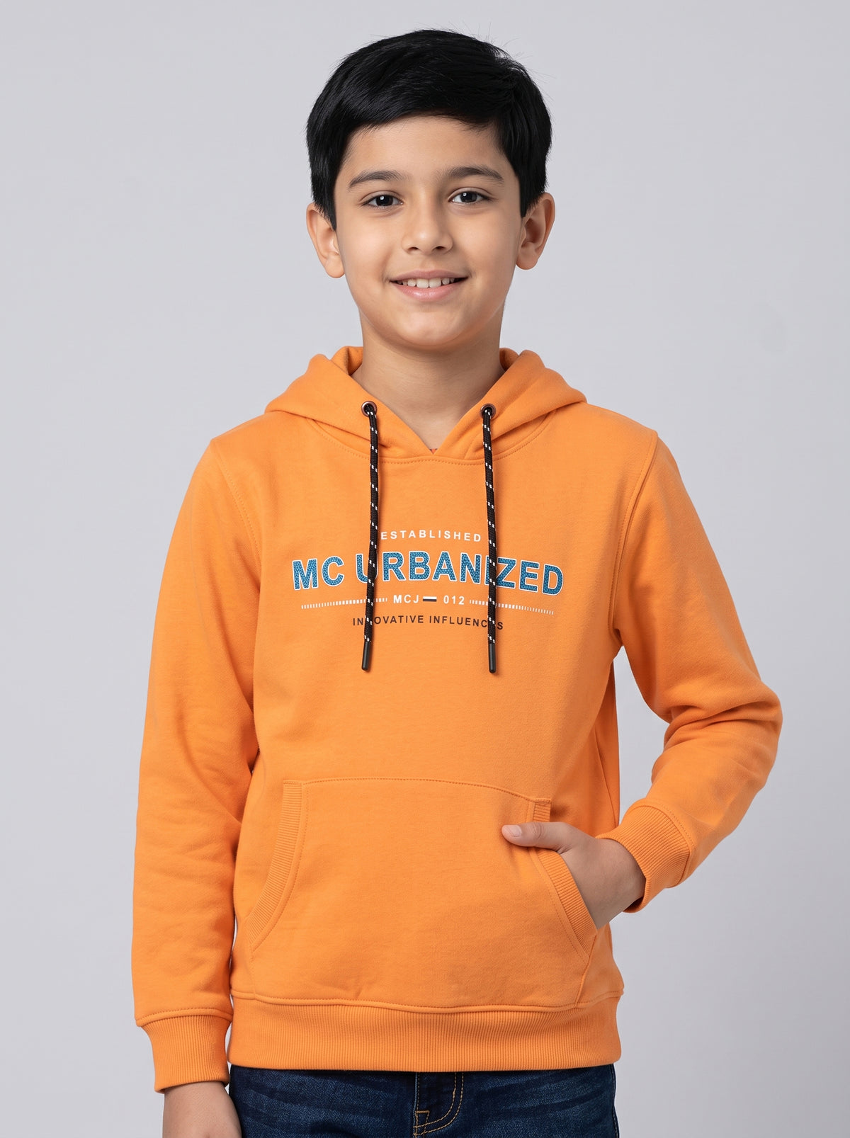 Boys Orange Printed Hooded Full Sleeve Sweatshirt