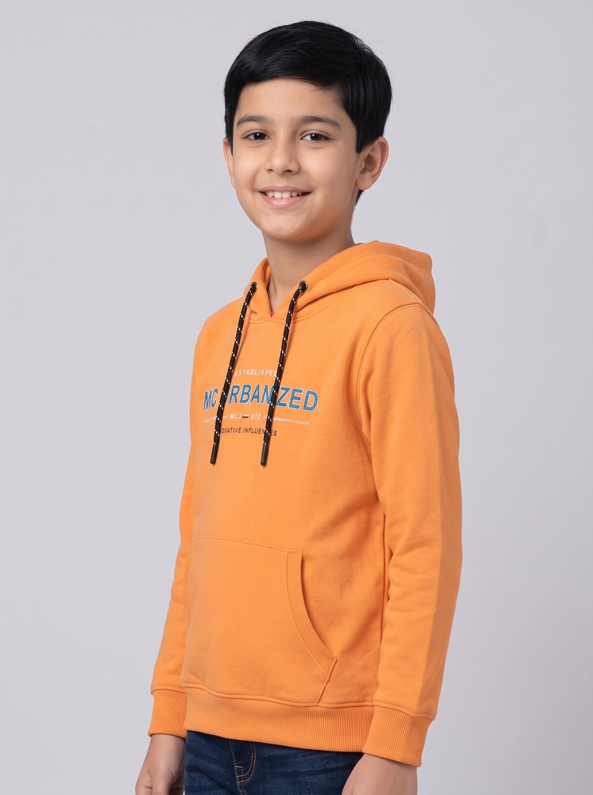 Boys Orange Printed Hooded Full Sleeve Sweatshirt