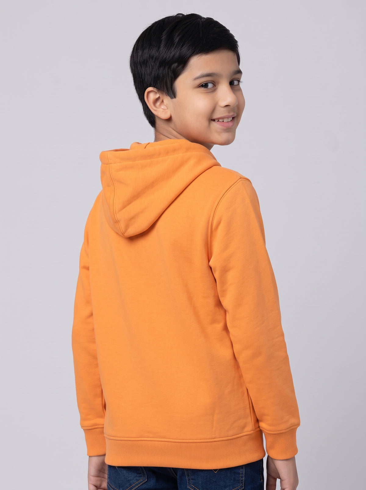 Boys Orange Printed Hooded Full Sleeve Sweatshirt