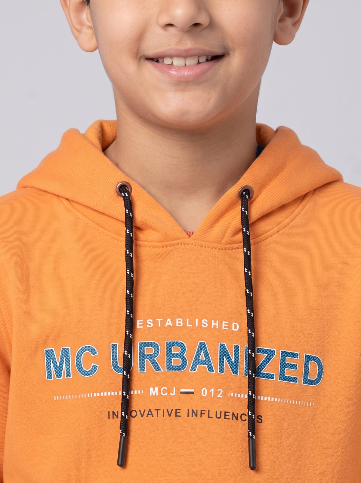 Boys Orange Printed Hooded Full Sleeve Sweatshirt