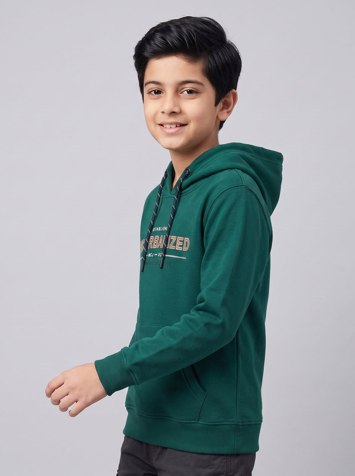 Boys Green Printed Hooded Full Sleeve Sweatshirt
