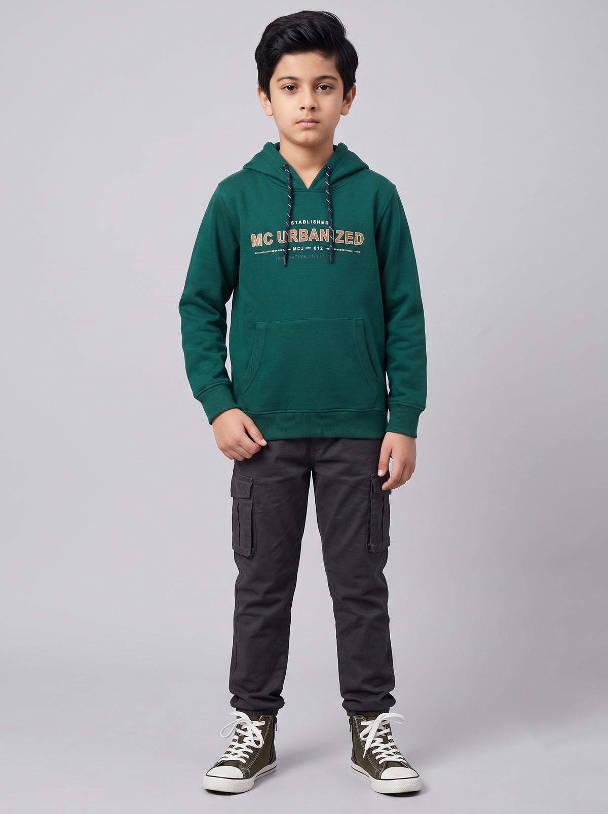 Boys Green Printed Hooded Full Sleeve Sweatshirt