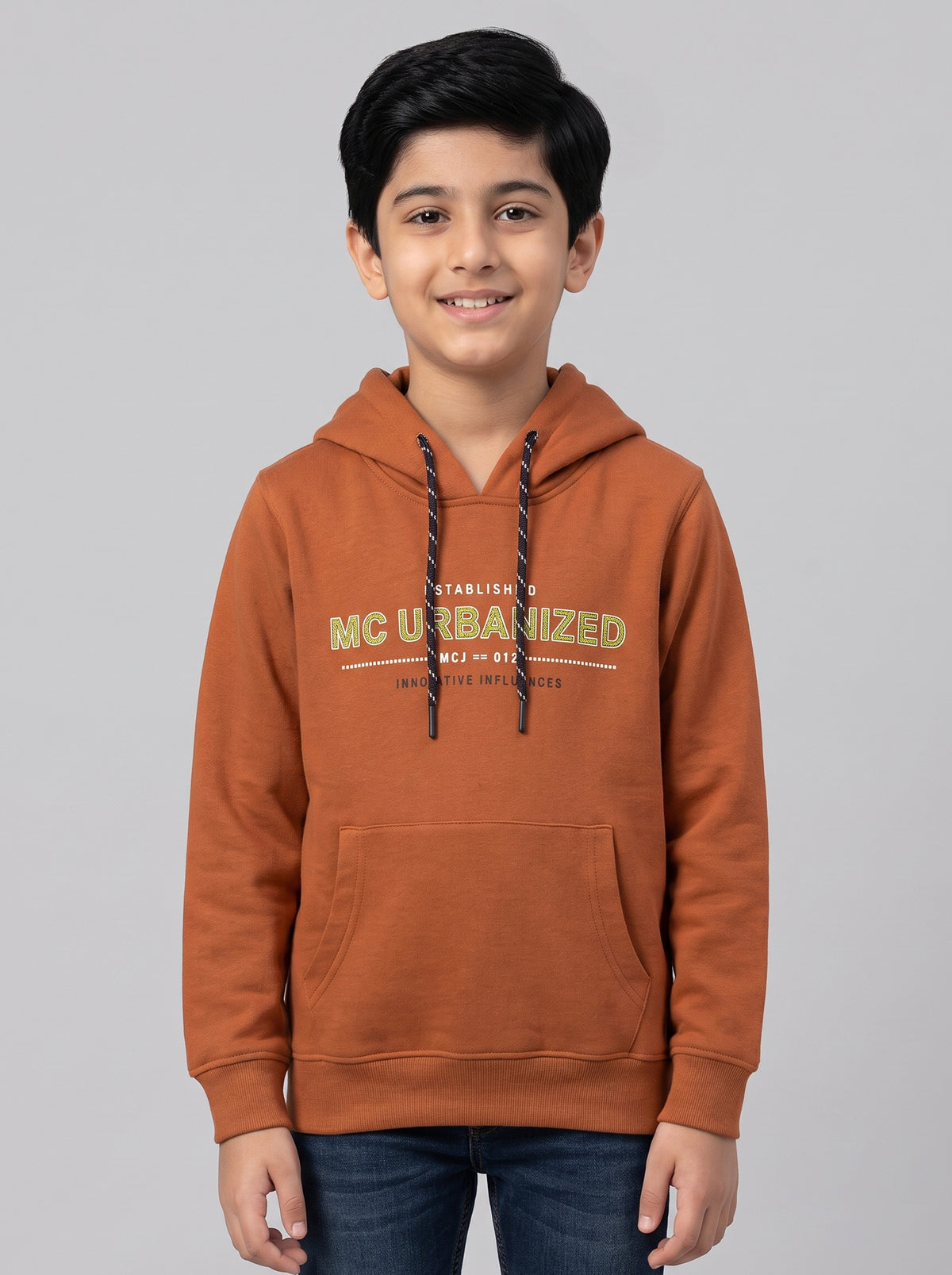 Boys Rust Printed Hooded Full Sleeve Sweatshirt