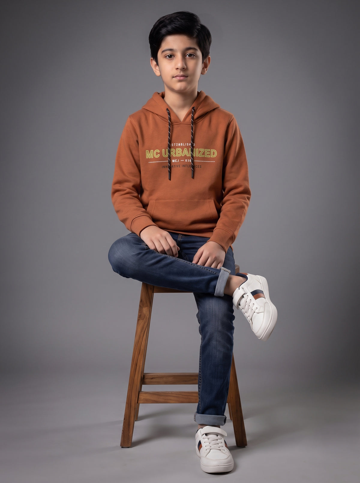 Boys Rust Printed Hooded Full Sleeve Sweatshirt
