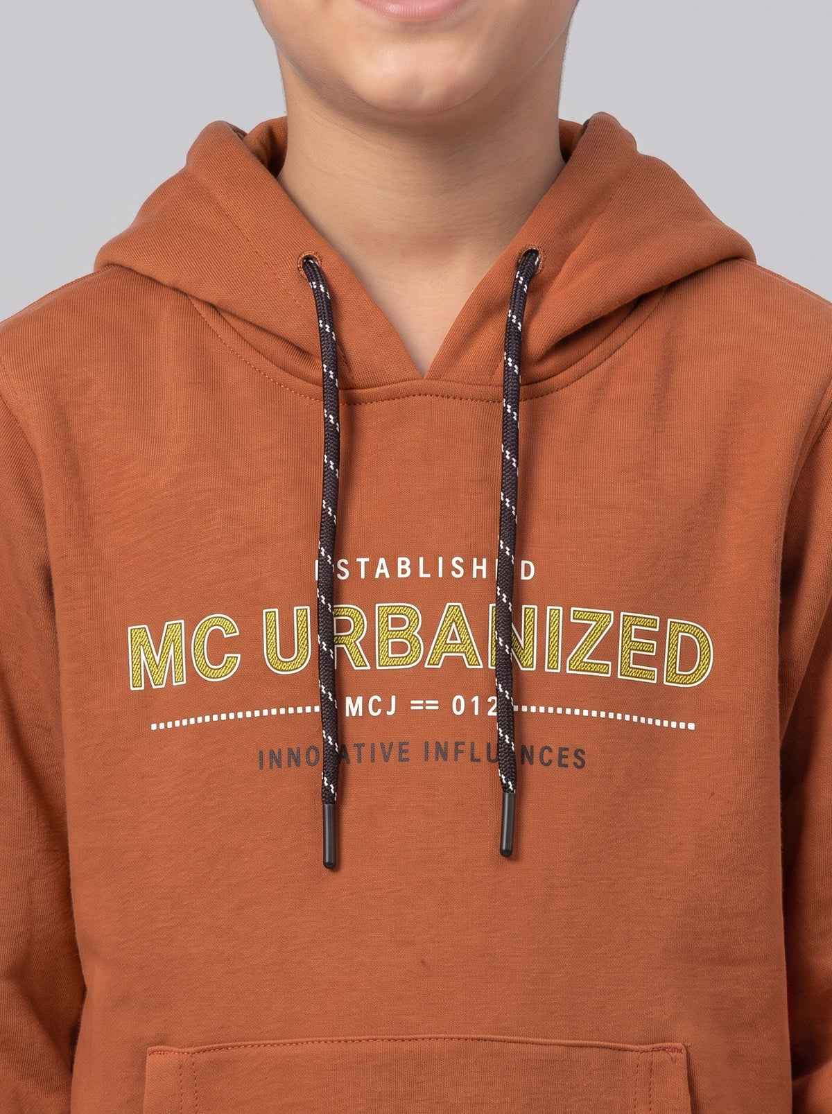 Boys Rust Printed Hooded Full Sleeve Sweatshirt