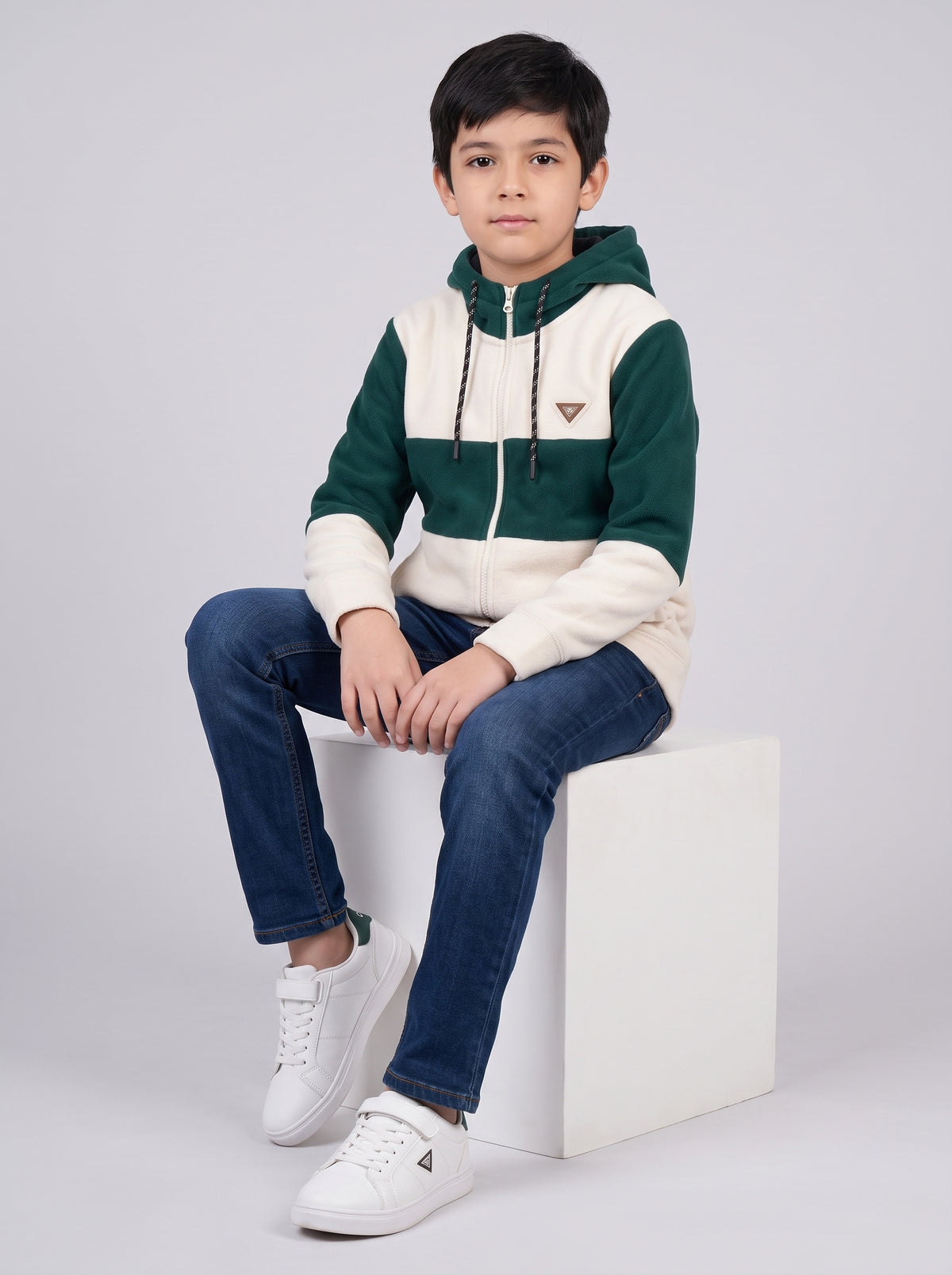 Boys Off White Self Design Hooded Full Sleeve Sweatshirt