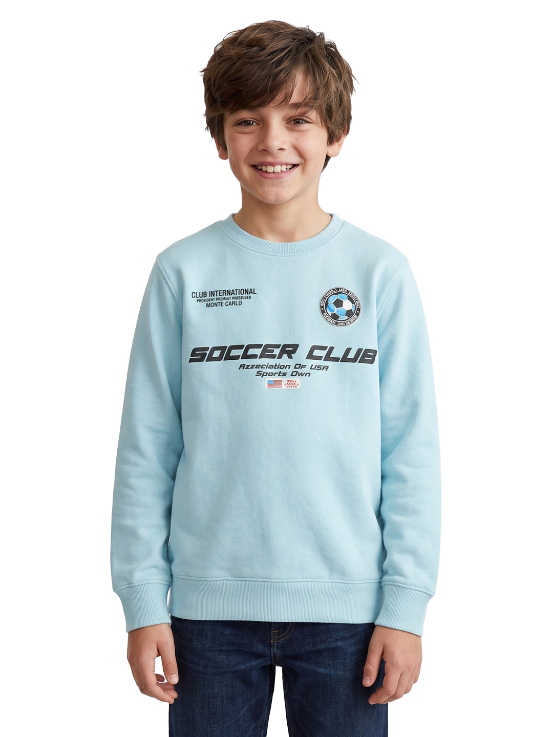Boys Sky Blue Printed Round Neck Full Sleeve Sweatshirt