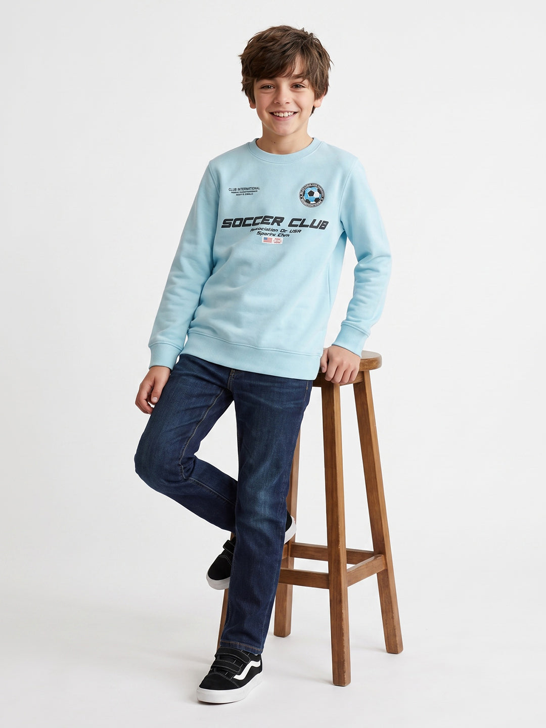Boys Sky Blue Printed Round Neck Full Sleeve Sweatshirt