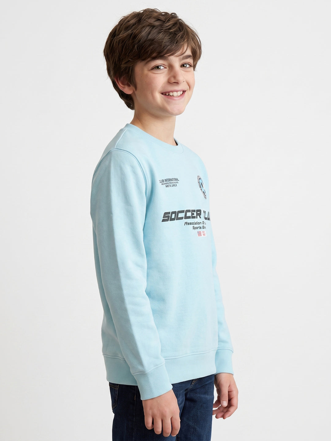 Boys Sky Blue Printed Round Neck Full Sleeve Sweatshirt