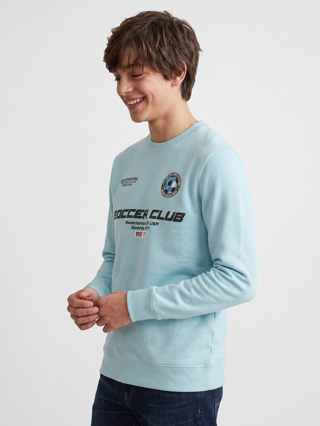 Boys Sky Blue Printed Round Neck Full Sleeve Sweatshirt
