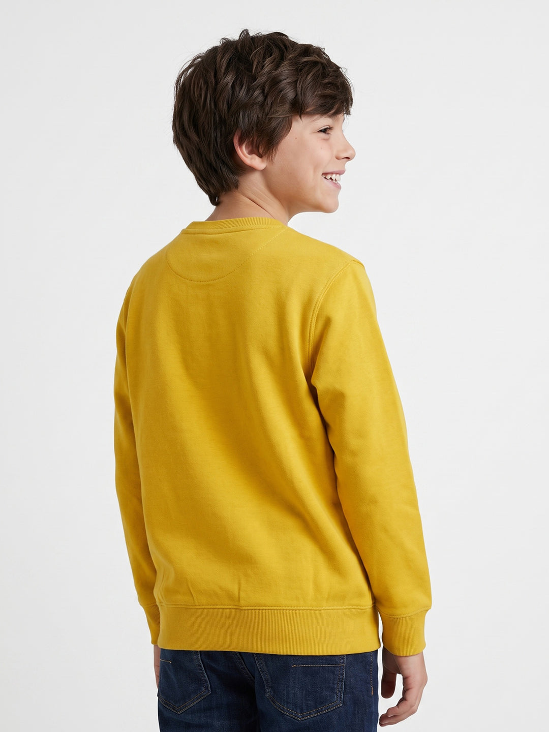 Boys Yellow Printed Round Neck Full Sleeve Sweatshirt