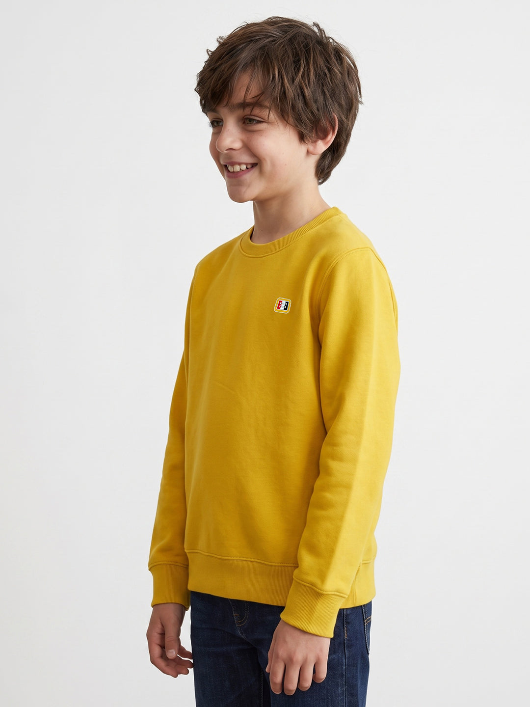 Boys Yellow Printed Round Neck Full Sleeve Sweatshirt