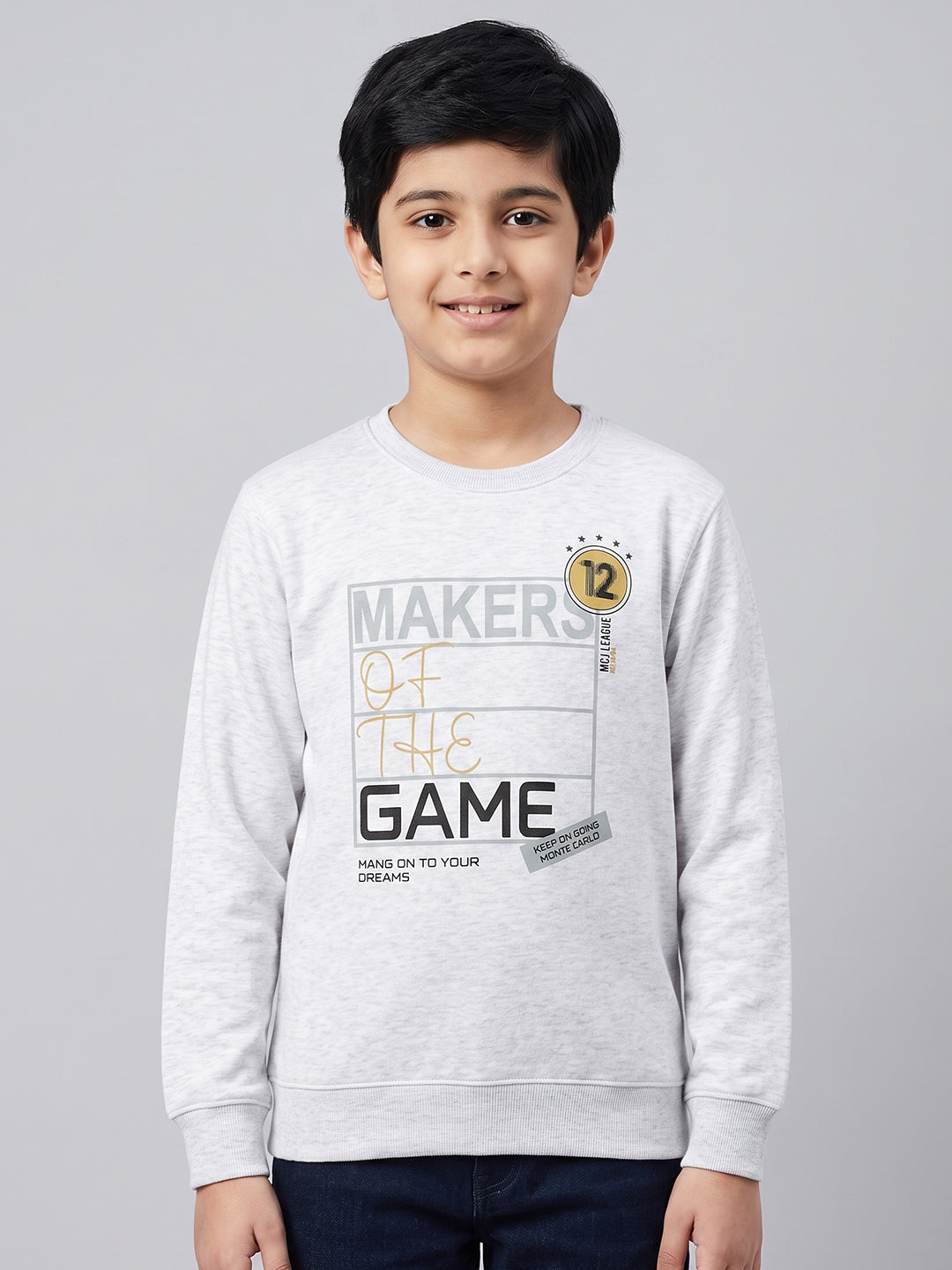 Boys Grey Melange Printed Round Neck Full Sleeve Sweatshirt