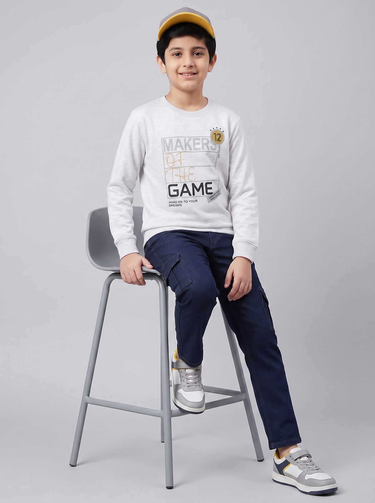Boys Grey Melange Printed Round Neck Full Sleeve Sweatshirt