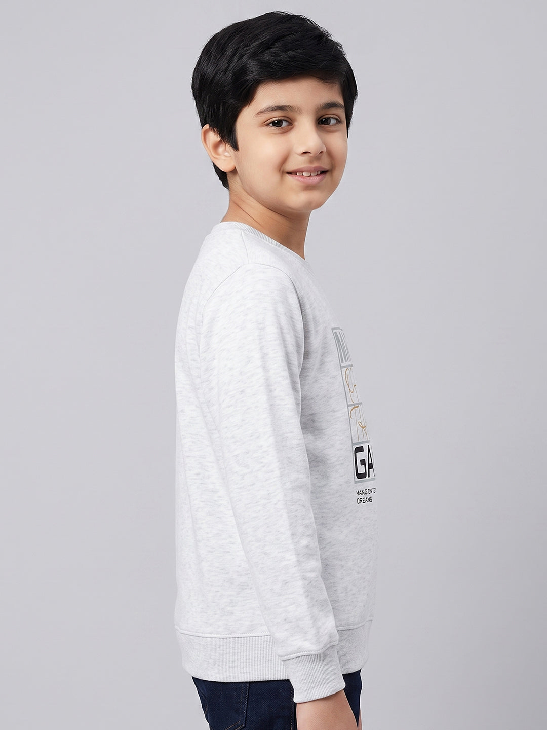 Boys Grey Melange Printed Round Neck Full Sleeve Sweatshirt