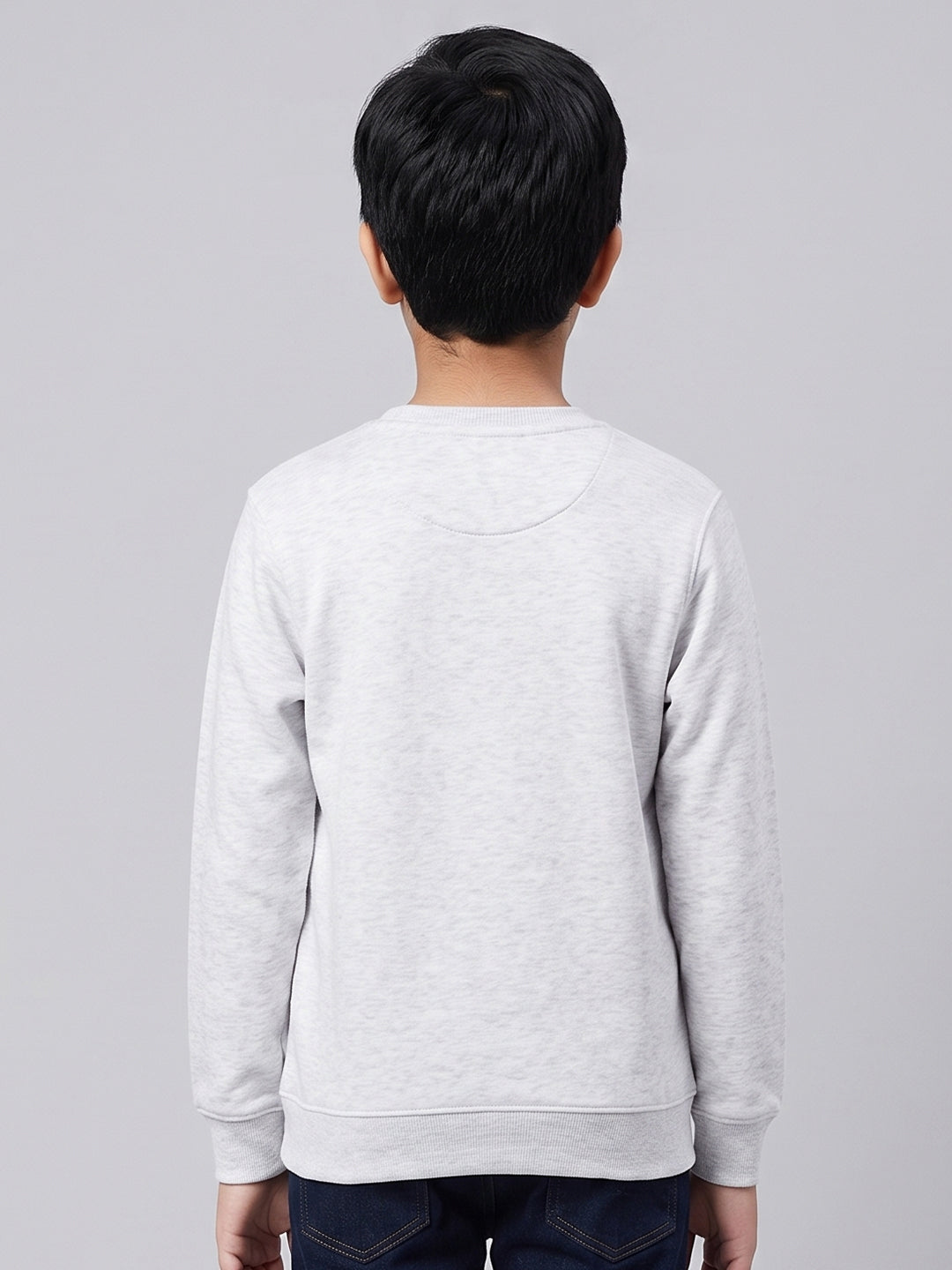 Boys Grey Melange Printed Round Neck Full Sleeve Sweatshirt