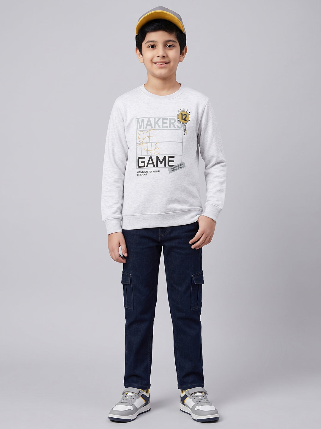 Boys Grey Melange Printed Round Neck Full Sleeve Sweatshirt
