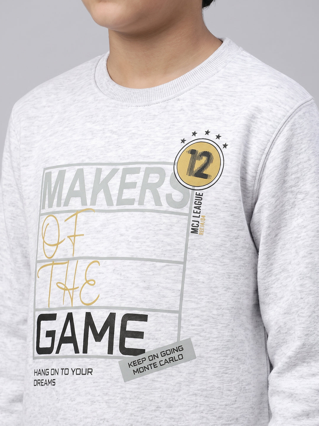 Boys Grey Melange Printed Round Neck Full Sleeve Sweatshirt
