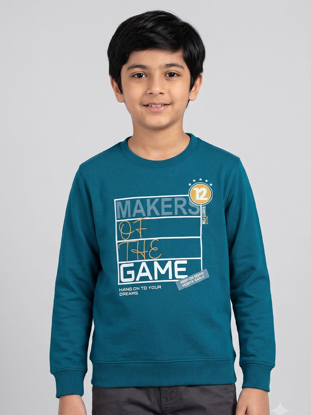 Boys Teal Blue Printed Round Neck Full Sleeve Sweatshirt