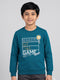 Boys Teal Blue Printed Round Neck Full Sleeve Sweatshirt