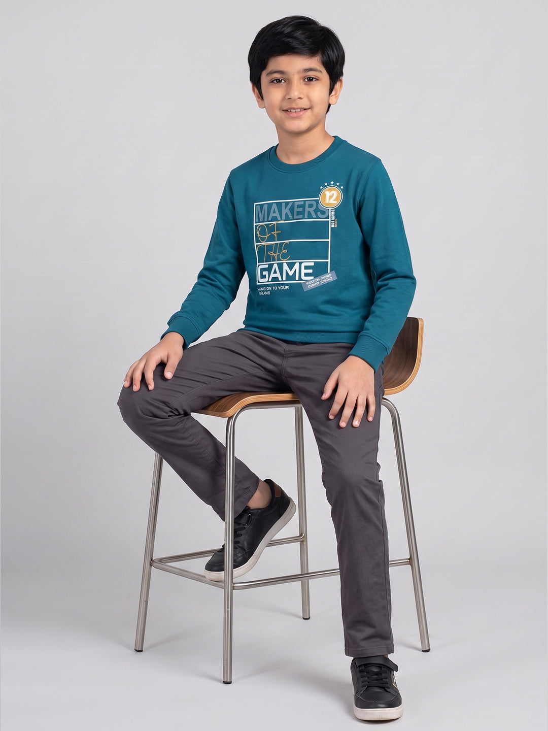 Boys Teal Blue Printed Round Neck Full Sleeve Sweatshirt