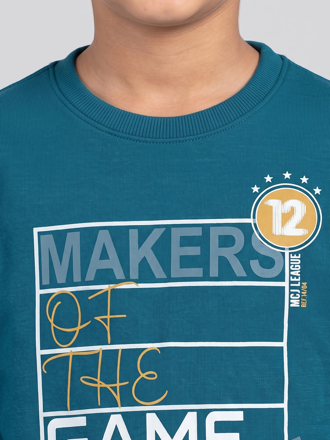 Boys Teal Blue Printed Round Neck Full Sleeve Sweatshirt