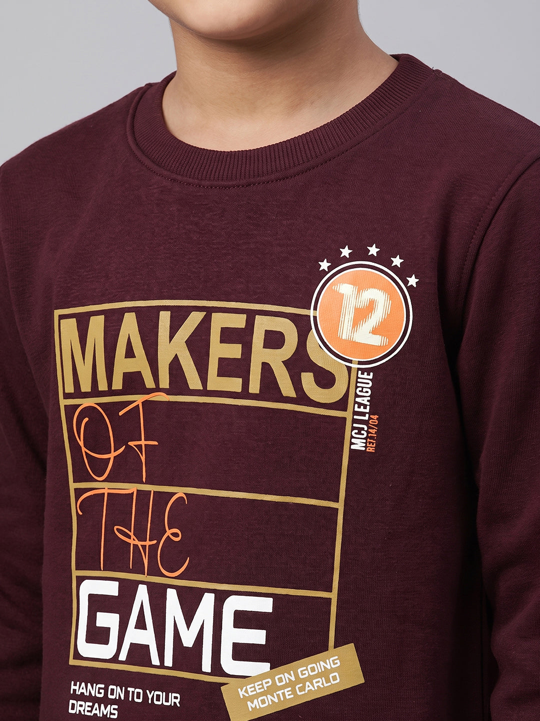 Boys Burgundy Printed Round Neck Full Sleeve Sweatshirt