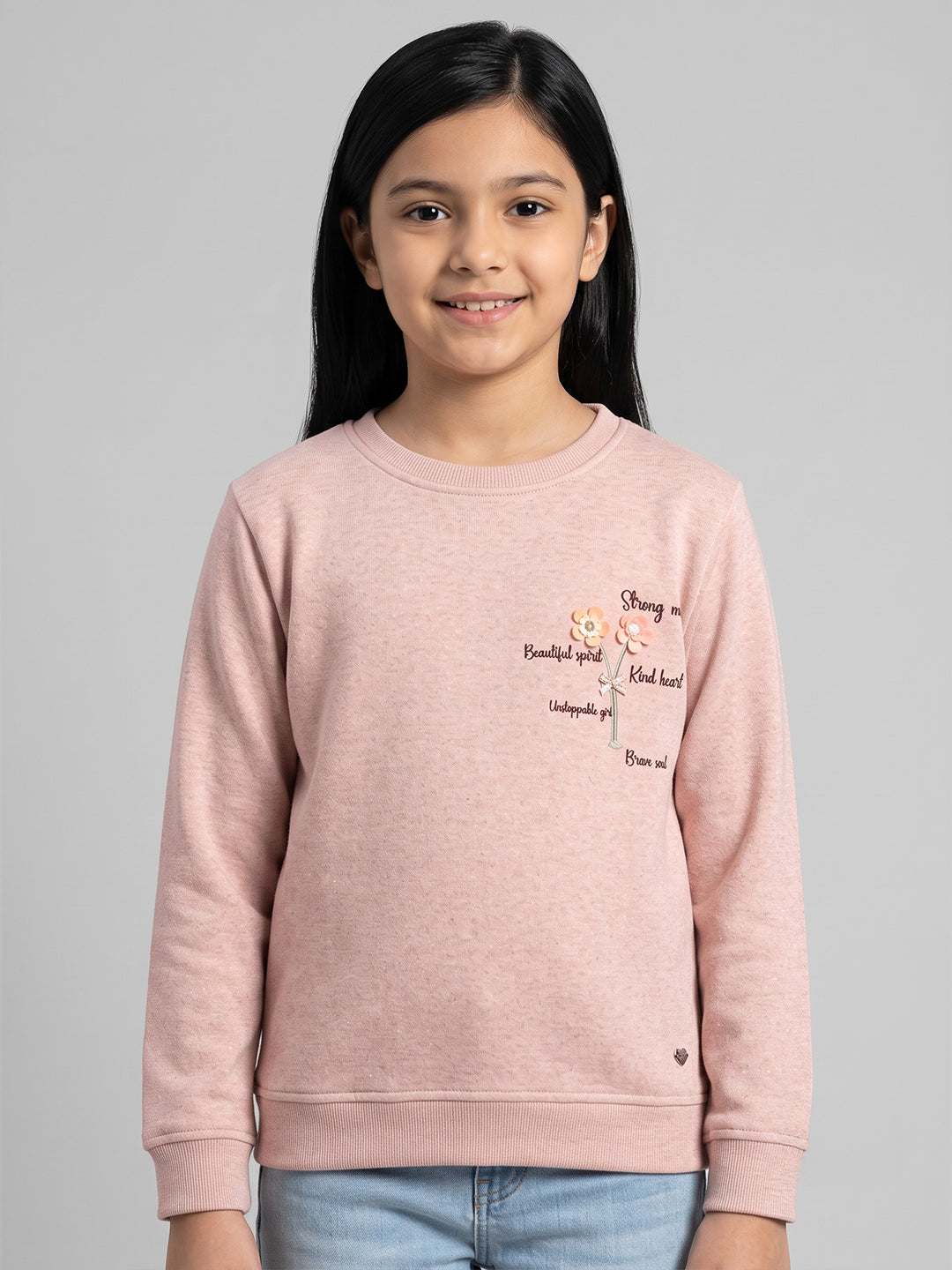 Girls Pink Self Design Round Neck Full Sleeve Sweatshirt