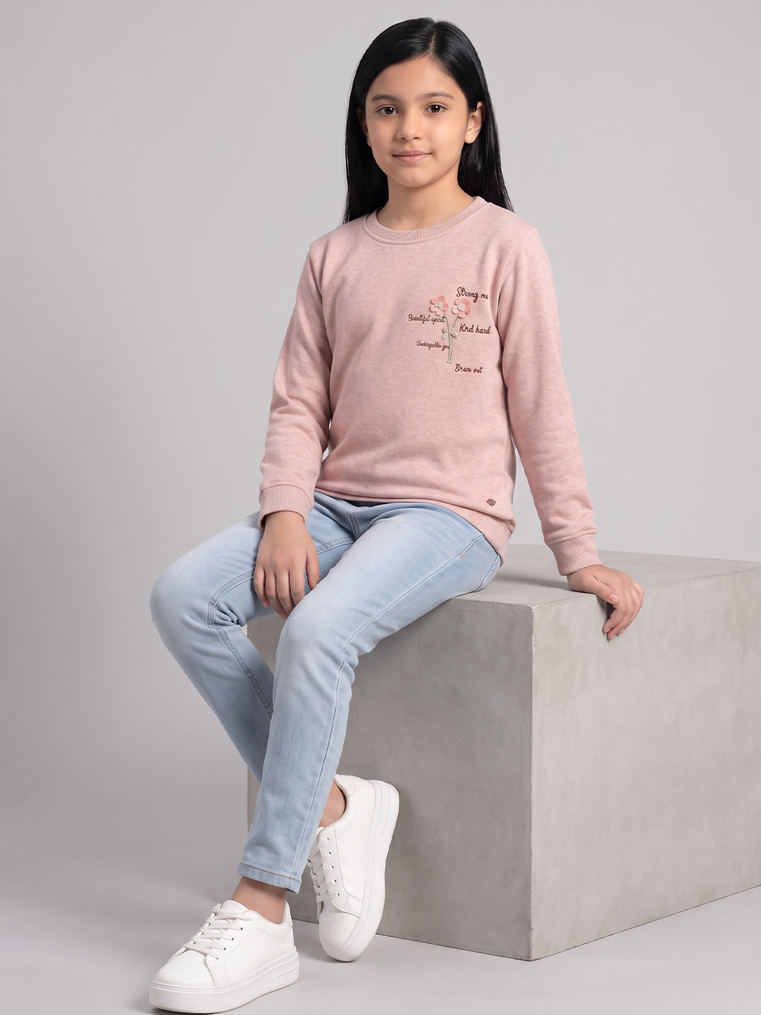 Girls Pink Self Design Round Neck Full Sleeve Sweatshirt